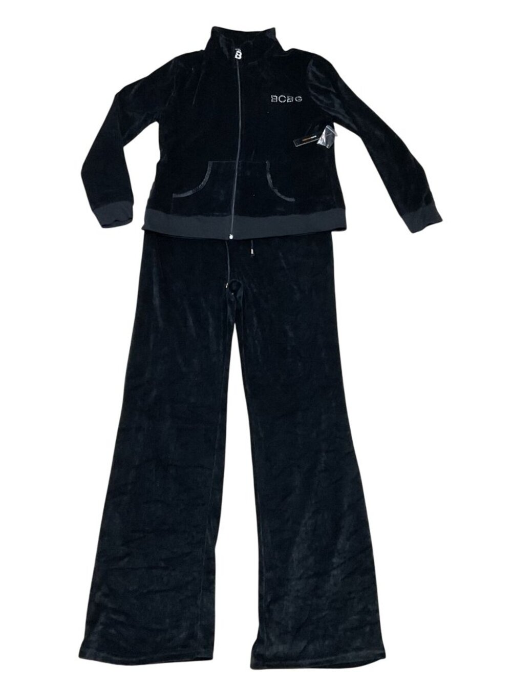 NWT BCBG Maxazria Black Velour Tracksuit Set Sz XL With Rhinestone Logo Womens